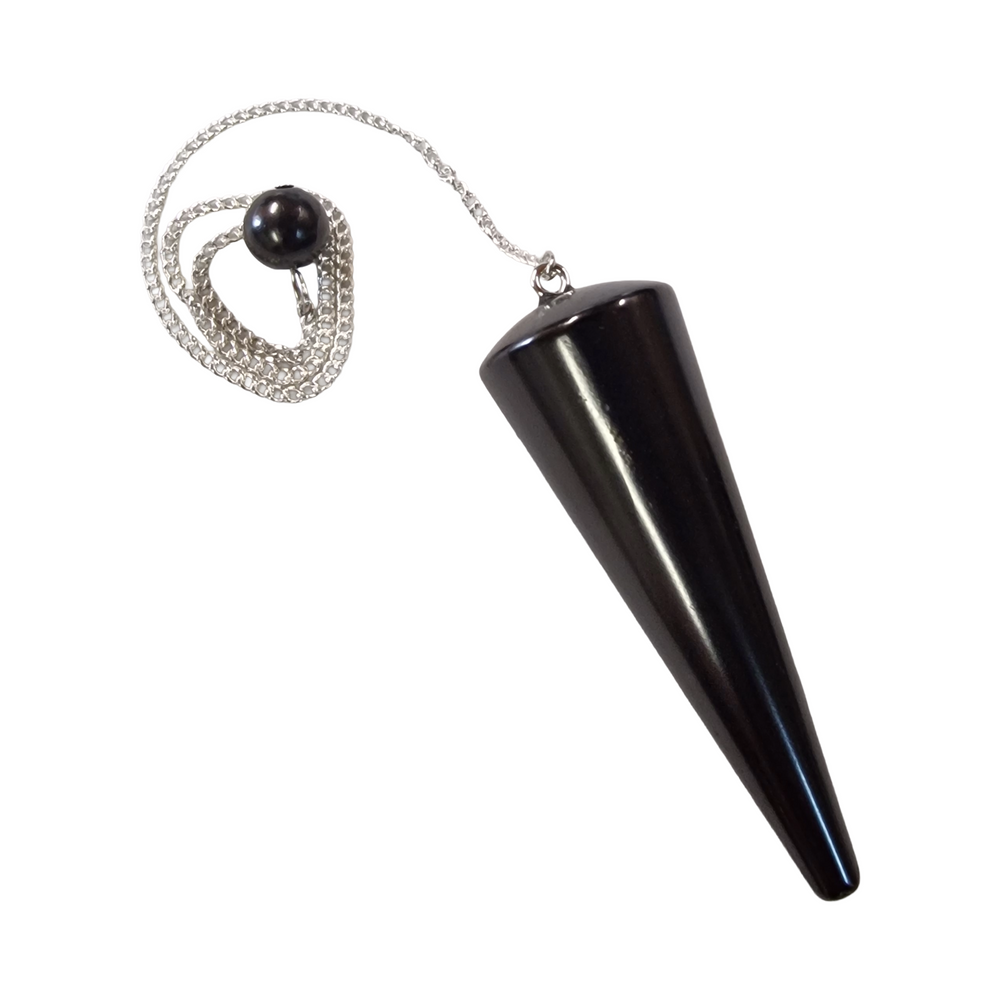 Close-up of Shungite pendulum showing smooth polished tip and bead for grounding and EMF protection