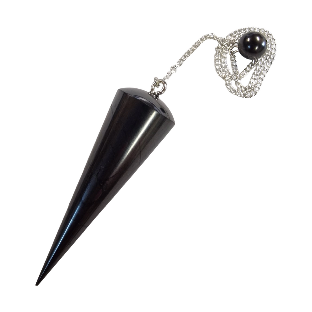 Close-up of Shungite pendulum with pointed tip on white background, indoor and outdoor divination tool