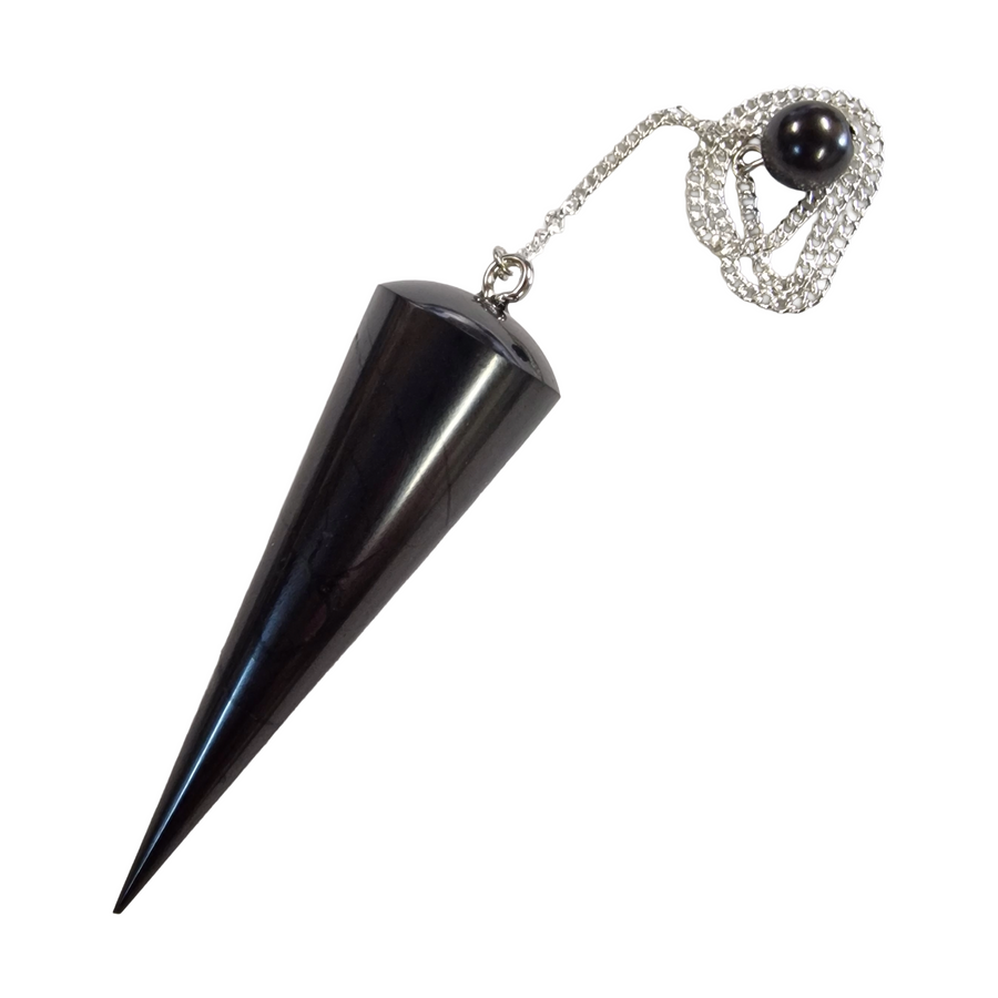 Close-up of Shungite pendulum with pointed tip on white background, indoor and outdoor divination tool