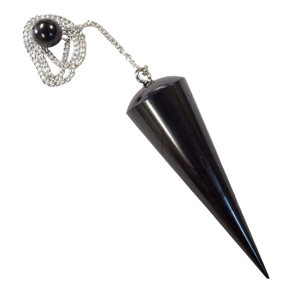 Side view of professional Shungite pendulum showing smooth bead and sharp weighted tip