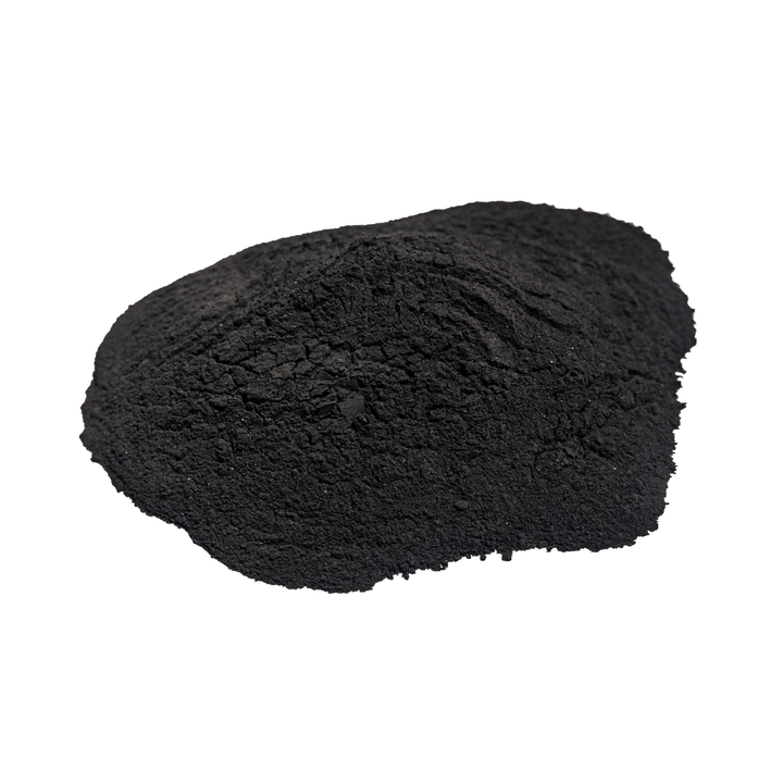 Close-up of fine Shungite powder texture, deep black mineral cosmetic material