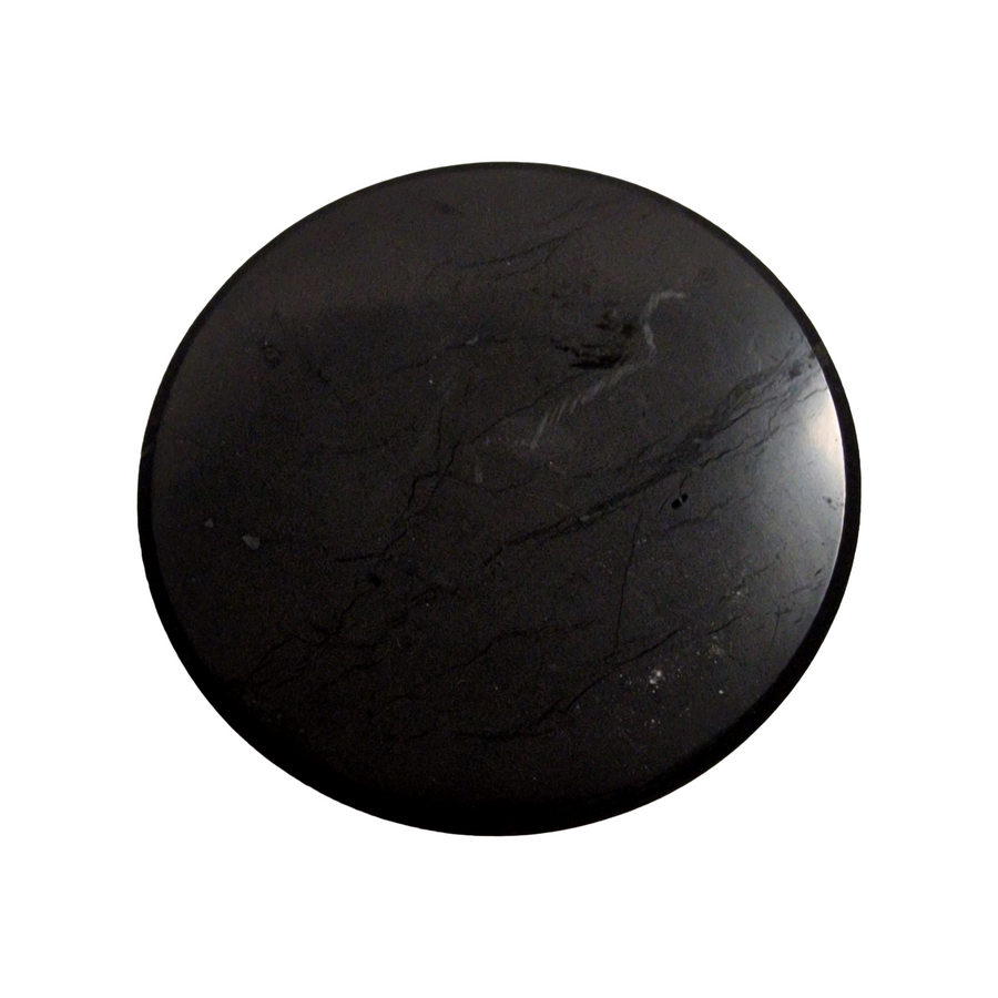 Shungite round 50mm blank slice on white background, laptop and electronics energy protection