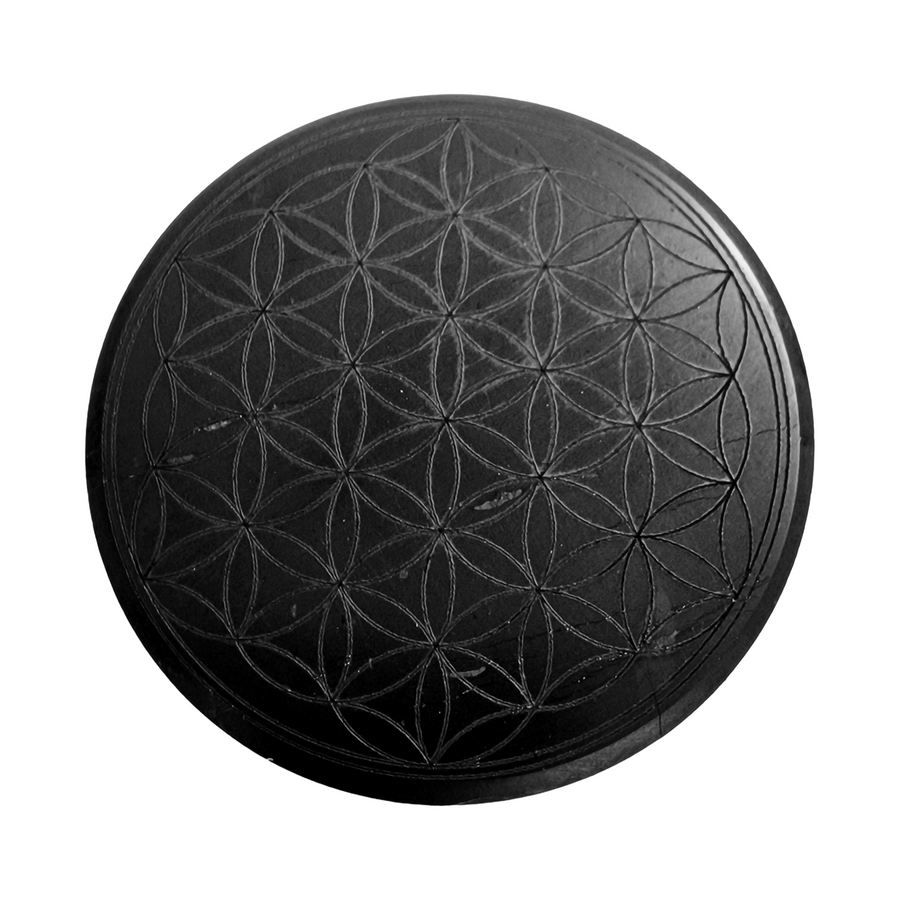 Shungite round 50mm Flower of Life slice on white background, sacred geometry design for energy harmony