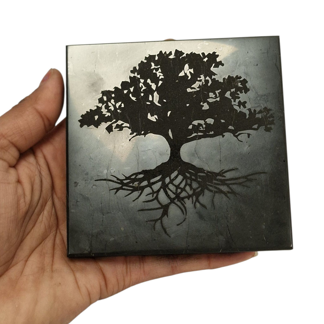 Shungite 10cm square Tree of Life charging disc on hand for size reference, grounding and EMF protection crystal
