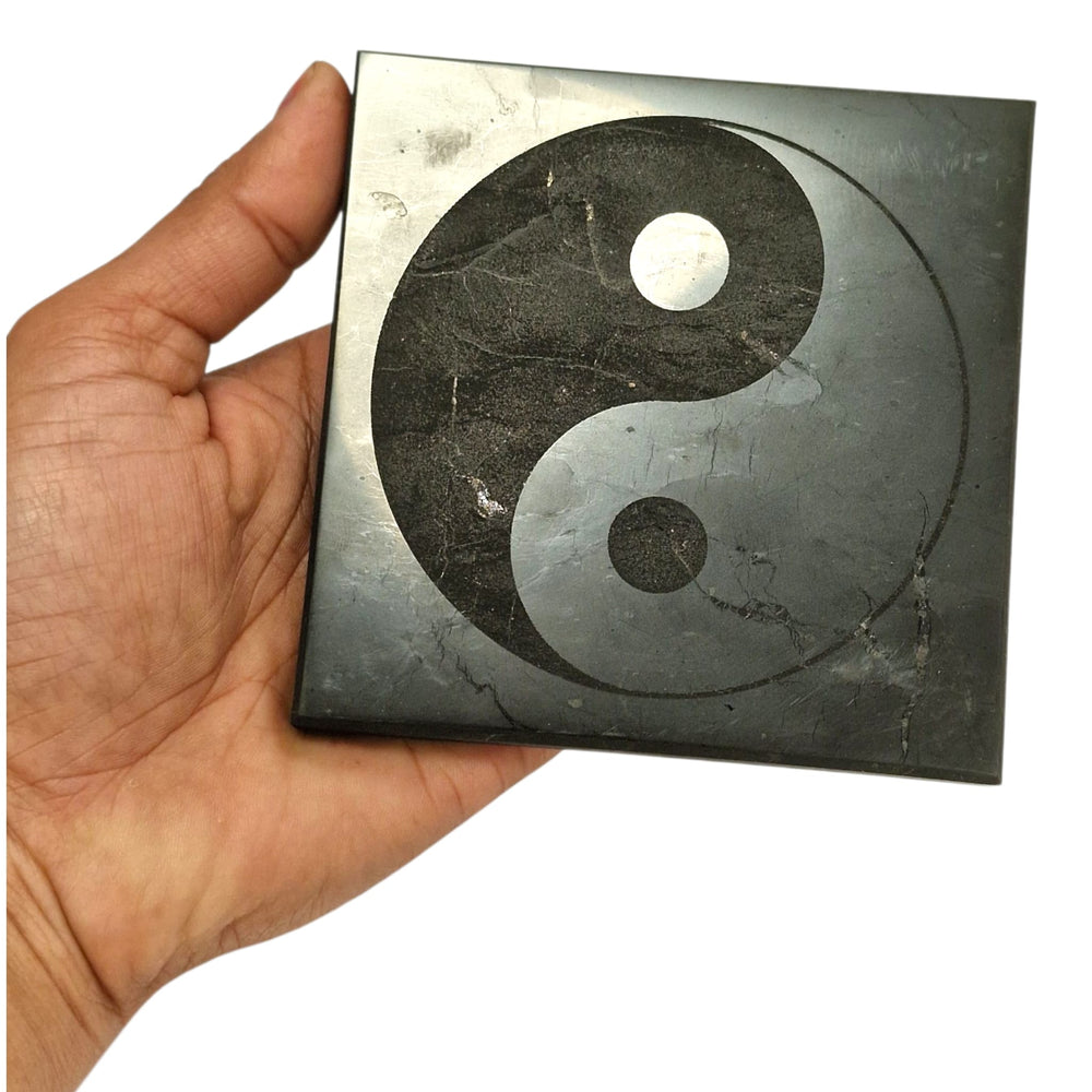 Shungite 10cm square Yin Yang charging disc on hand for size reference, grounding and EMF protection crystal