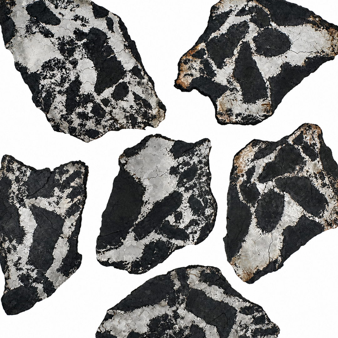 Six individually numbered silicated Campo del Cielo meteorite slices from Argentina on a white background.