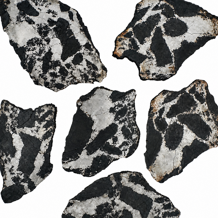 Six individually numbered silicated Campo del Cielo meteorite slices from Argentina on a white background.