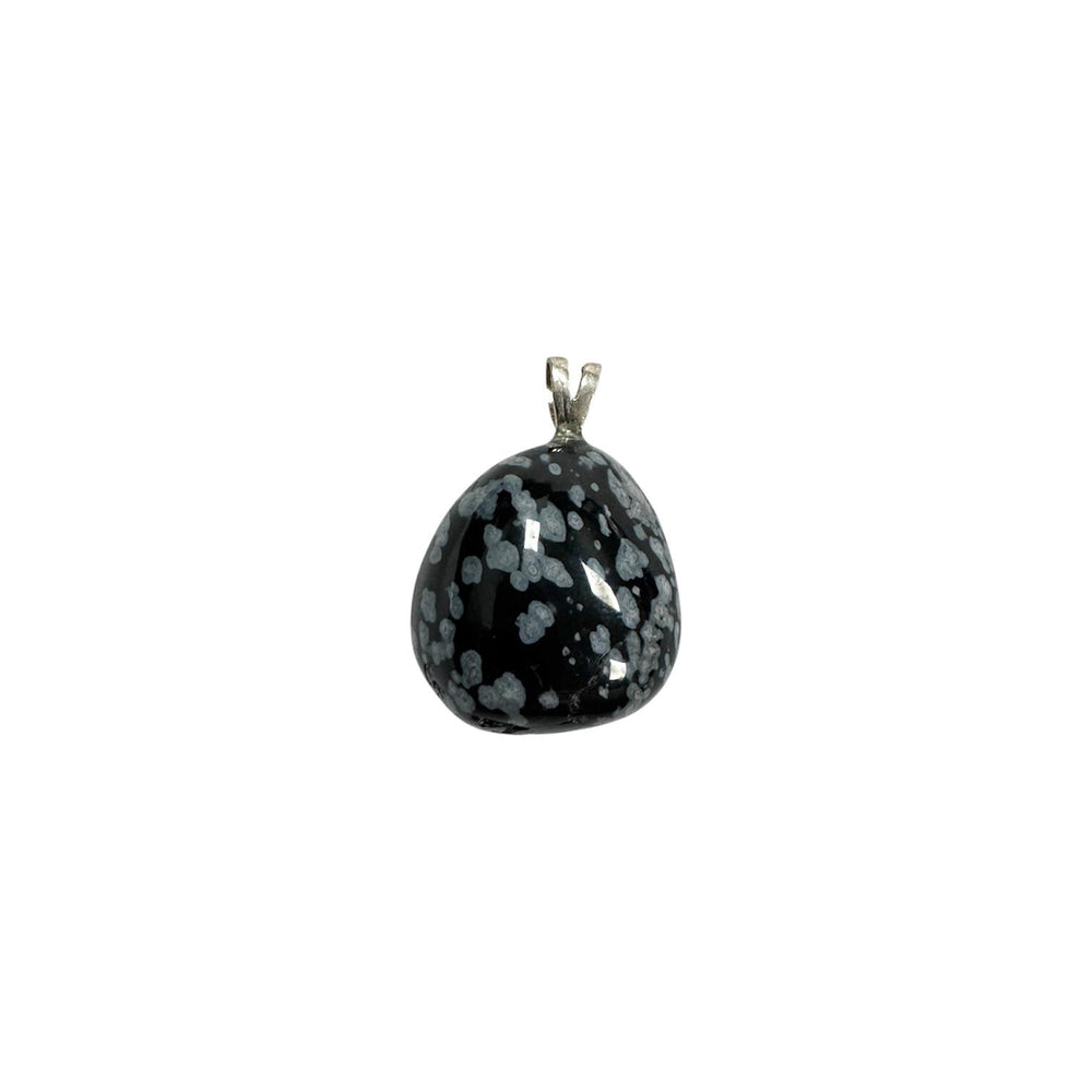 GeoFossils Snowflake Obsidian Sterling Silver Pendant – Mexican black obsidian with grey snowflake patterns in sterling silver setting – grounding and protective jewellery – handmade in the UK.