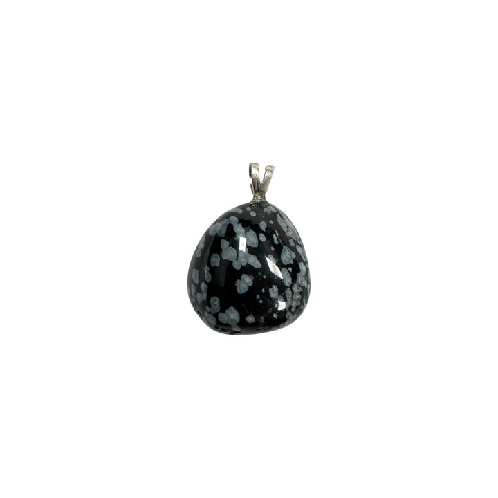 GeoFossils Snowflake Obsidian Sterling Silver Pendant – Mexican black obsidian with grey snowflake patterns in sterling silver setting – grounding and protective jewellery – handmade in the UK.