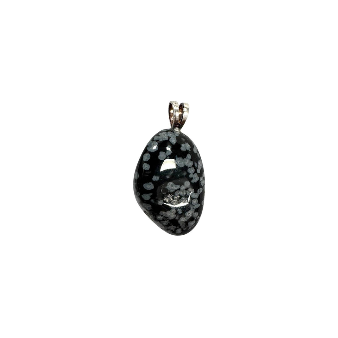 GeoFossils Snowflake Obsidian Sterling Silver Pendant – Mexican black obsidian with grey snowflake patterns in sterling silver setting – grounding and protective jewellery – handmade in the UK.
