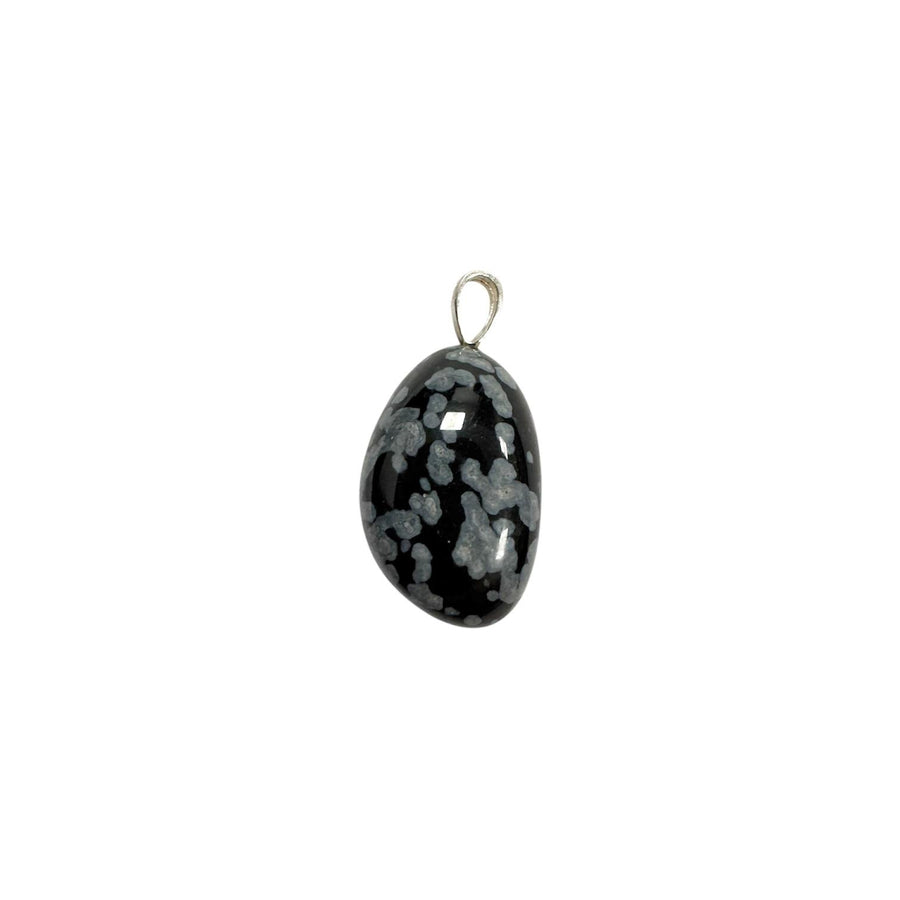 GeoFossils Snowflake Obsidian Sterling Silver Pendant – Mexican black obsidian with grey snowflake patterns in sterling silver setting – grounding and protective jewellery – handmade in the UK.