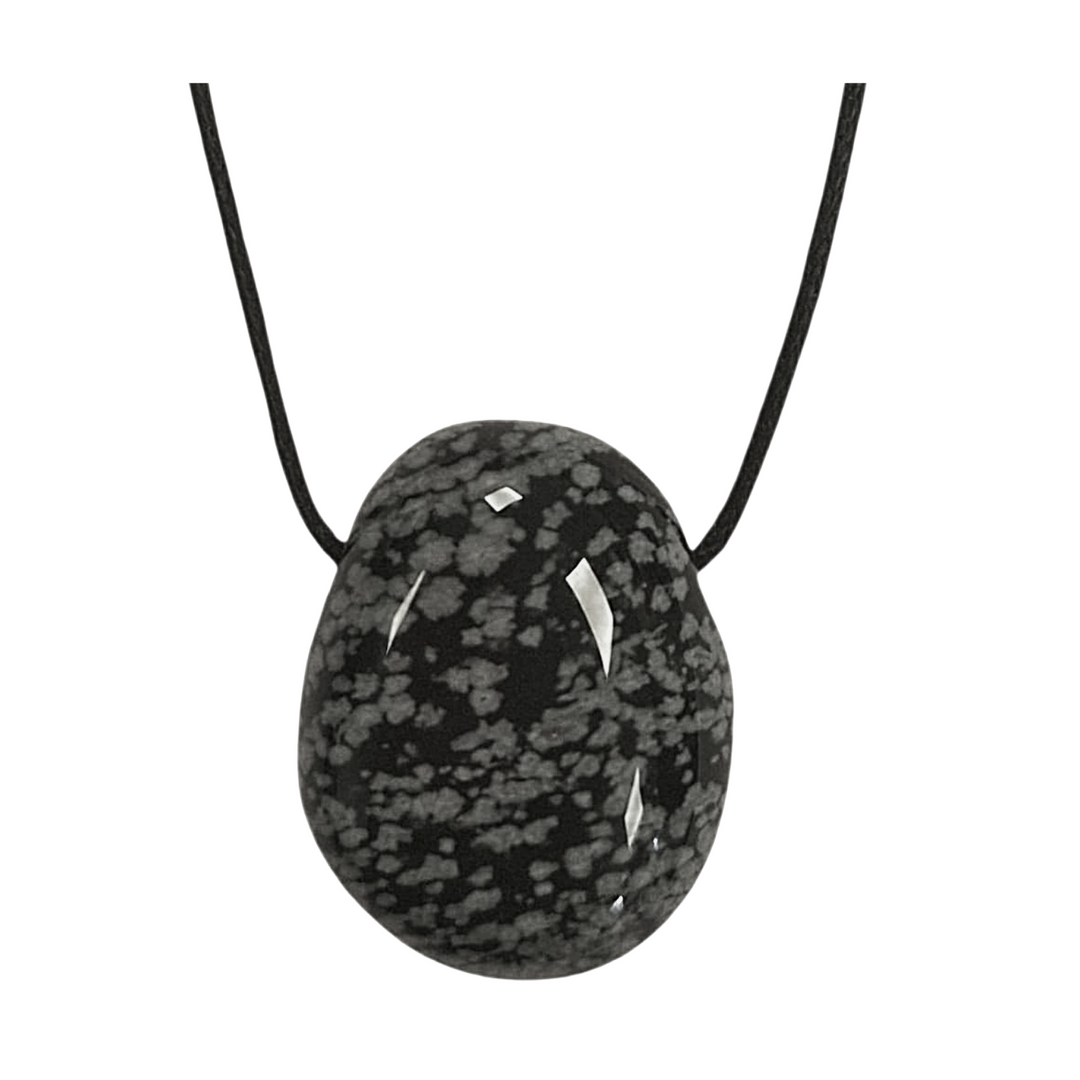 GeoFossils Snowflake Obsidian Drilled Tumble Stone – black and grey crystal with horizontal drill hole for grounding, protection and emotional clarity