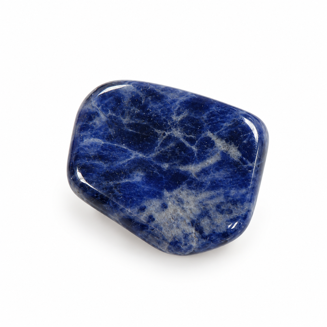 Polished Sodalite tumble stone featuring deep navy-blue colouring and natural pale grey veining, included in the GeoFossils Scorpio Zodiac Crystal Set.
