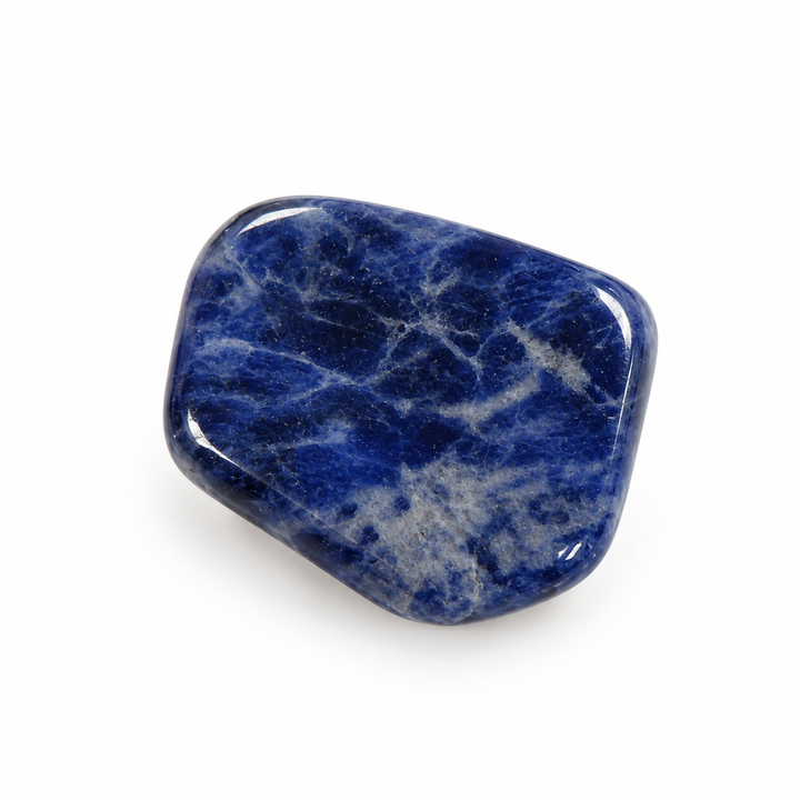 Polished Sodalite tumble stone featuring deep navy-blue colouring and natural pale grey veining, included in the GeoFossils Scorpio Zodiac Crystal Set.