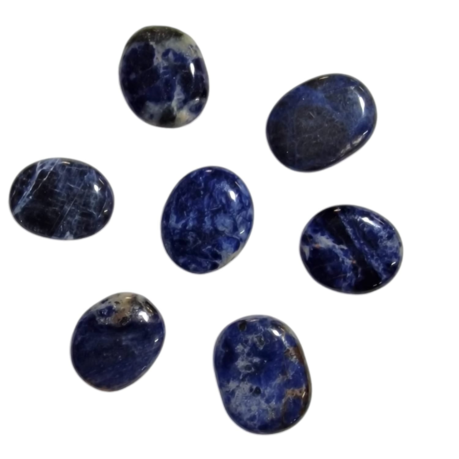 Sodalite Mini Oval – a deep blue crystal with streaks of white, known for enhancing intuition, mental clarity, and communication. Ideal for spiritual growth and calm self-expression.