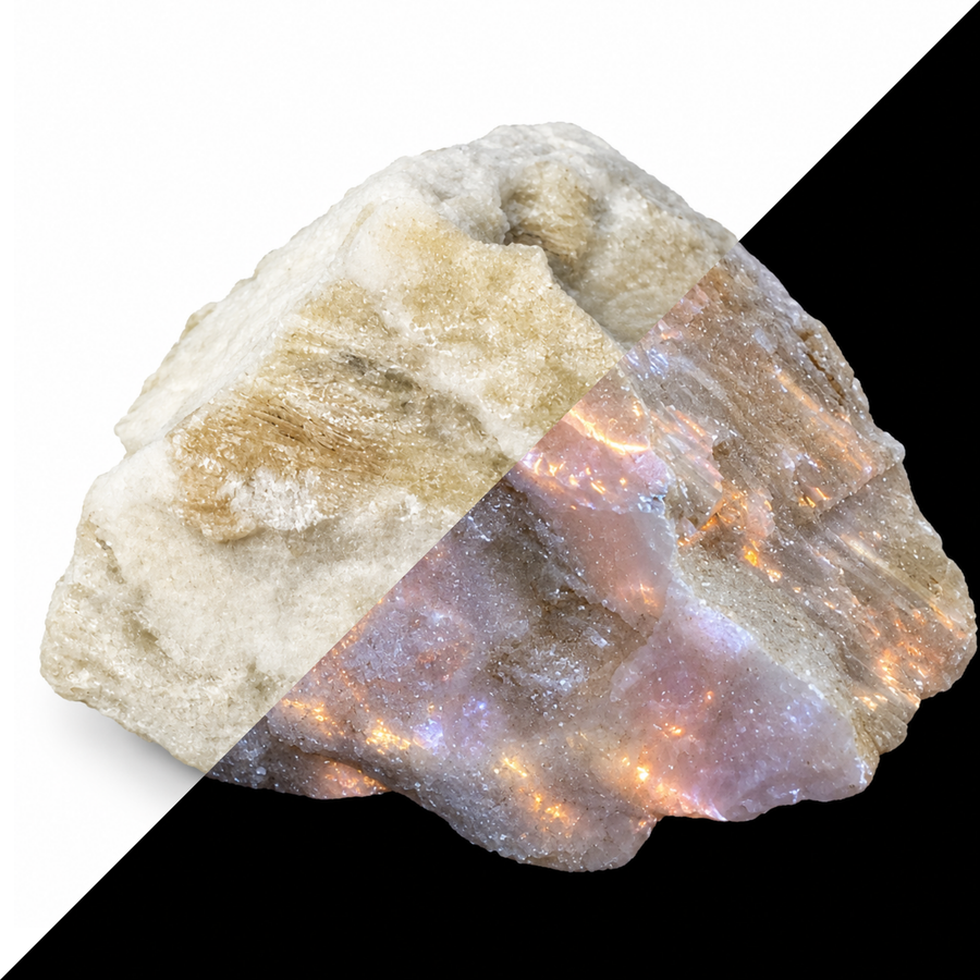GeoFossils Sphalerite Specimen 175 comparing its daylight appearance with white to yellow fluorescence under Long Wave (LW) UV at 365 nm