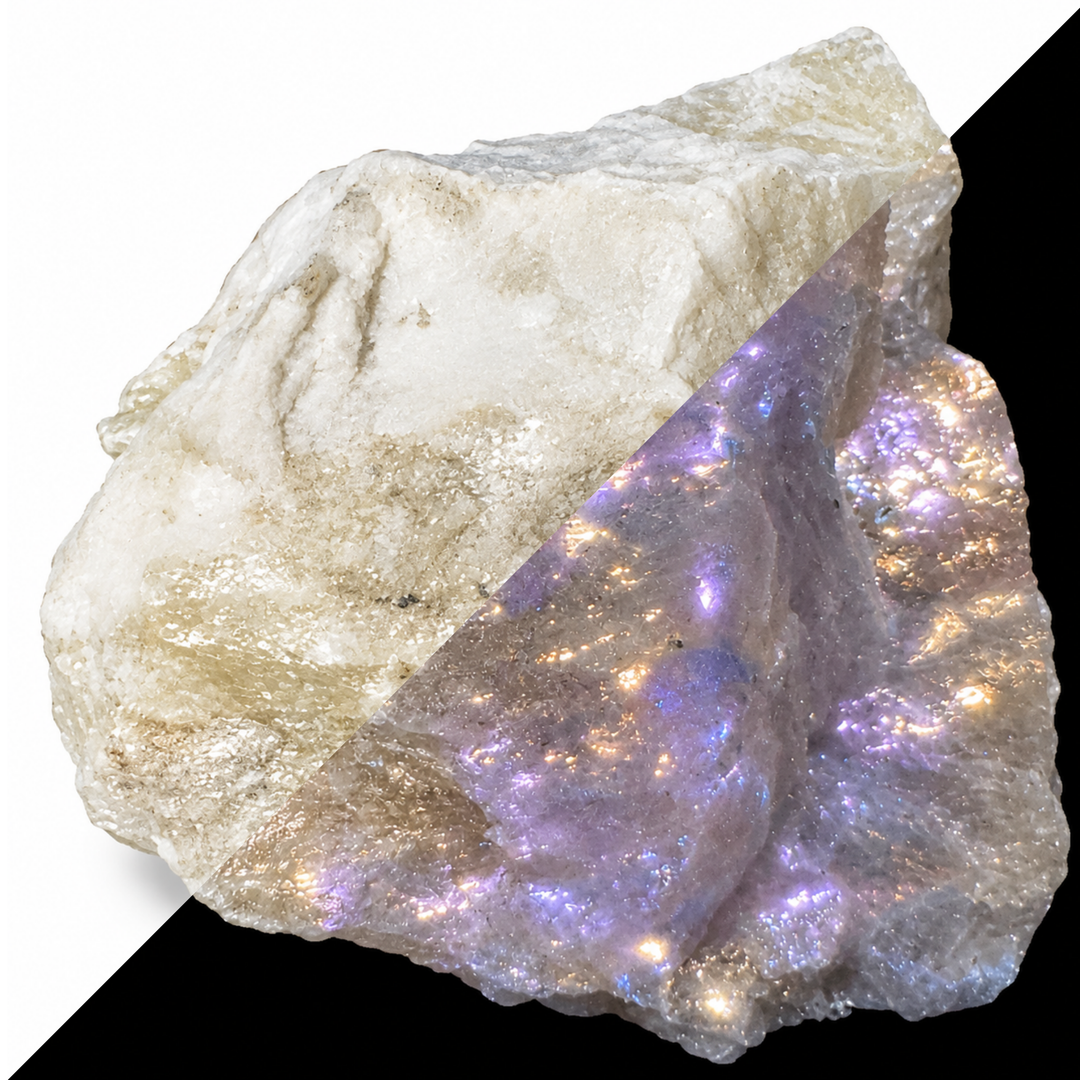 GeoFossils Sphalerite Specimen 176 comparing its daylight appearance with white to yellow fluorescence under Long Wave (LW) UV at 365 nm