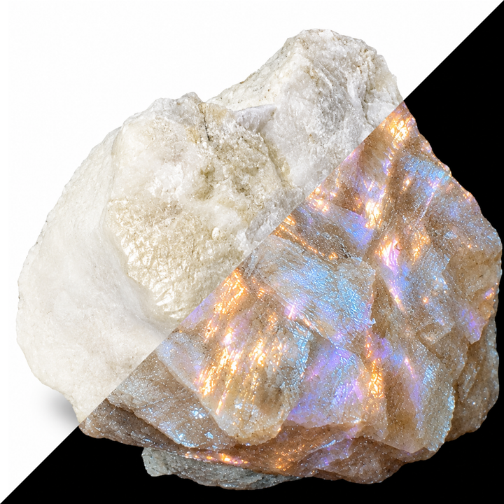GeoFossils Sphalerite Specimen 178 comparing its daylight appearance with white to yellow fluorescence under Long Wave (LW) UV at 365 nm
