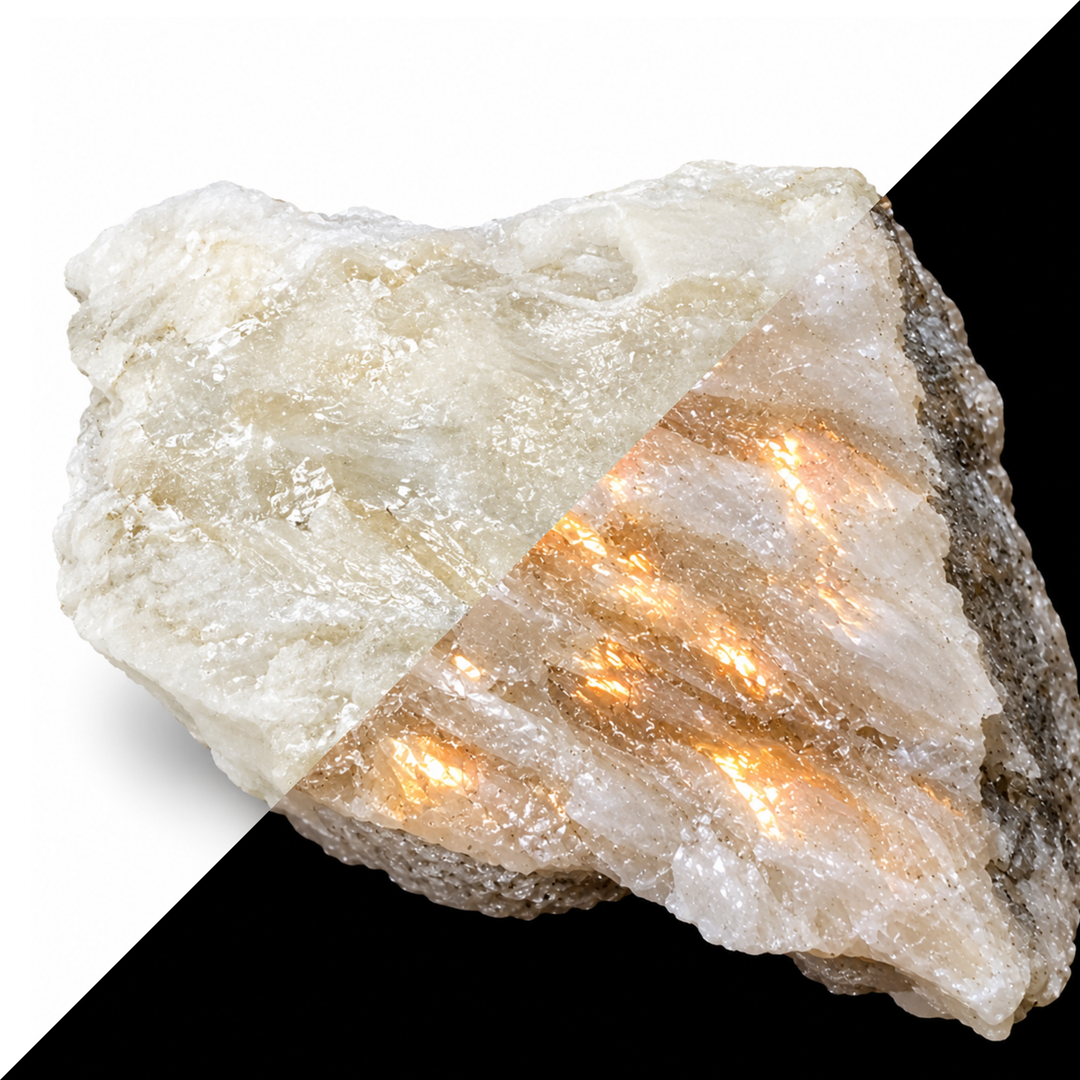 GeoFossils Sphalerite Specimen 180 comparing its daylight appearance with white to yellow fluorescence under Long Wave (LW) UV at 365 nm
