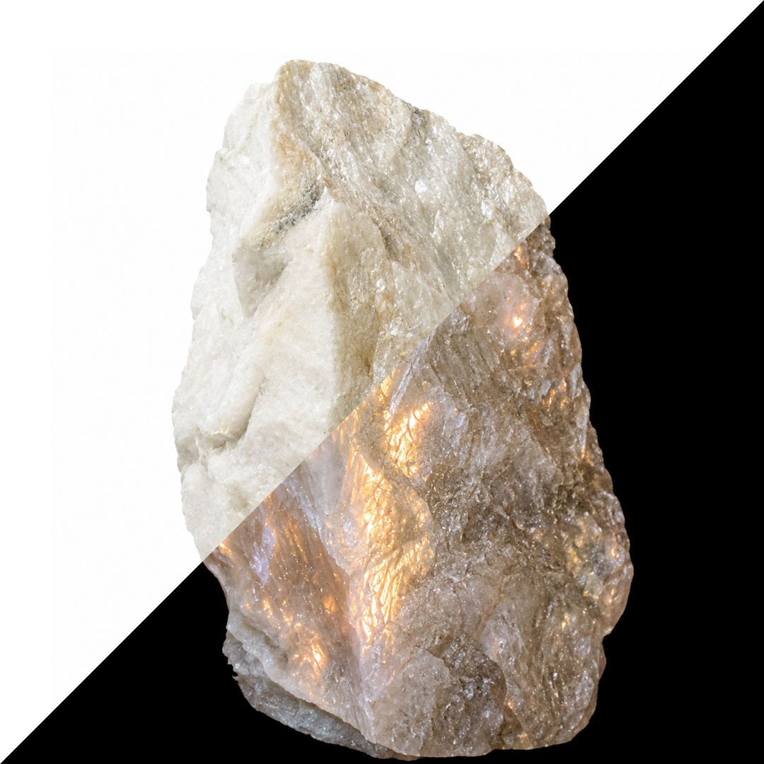 GeoFossils Sphalerite Specimen 181 comparing its daylight appearance with white to yellow fluorescence under Long Wave (LW) UV at 365 nm