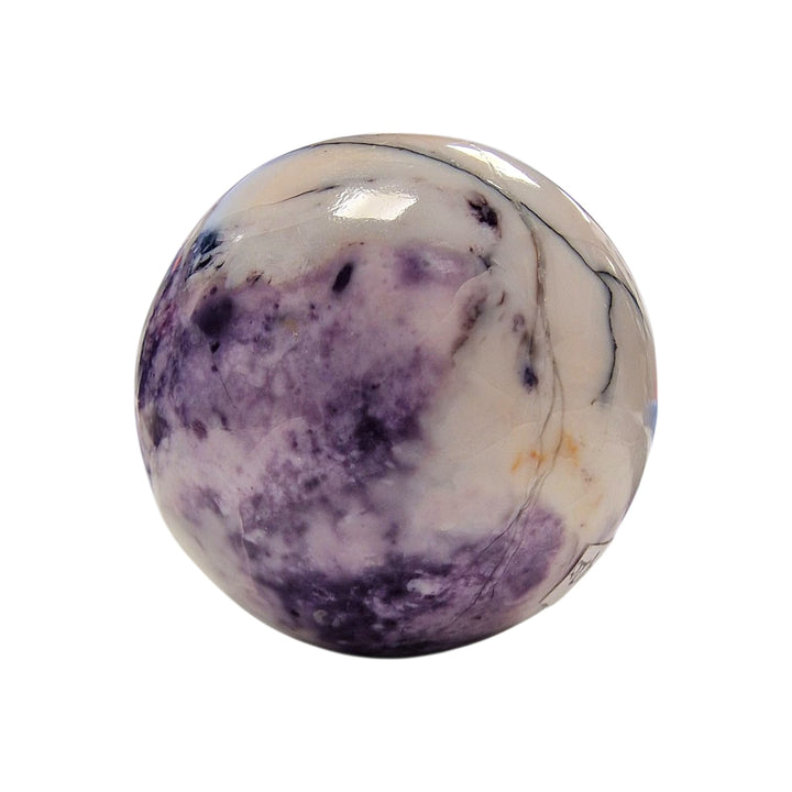 GeoFossils Tiffany Stone Sphere 34mm – Rare Utah crystal with mottled purple, cream, and bold black lines