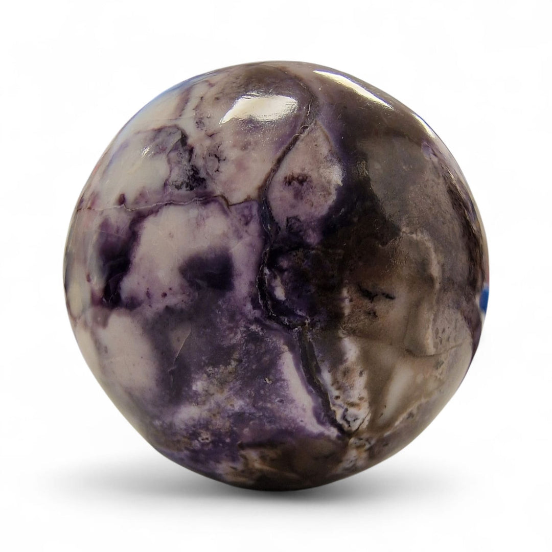 GeoFossils 34mm Tiffany Stone Sphere – Cream, brown and purple opalised fluorite with striking black patterning