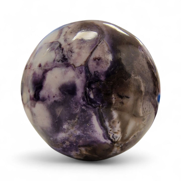 GeoFossils 34mm Tiffany Stone Sphere – Cream, brown and purple opalised fluorite with striking black patterning