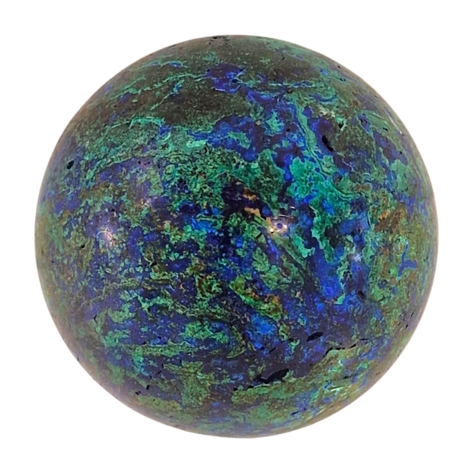 GeoFossils – Azurite & Malachite Sphere featuring vivid deep blue Azurite patterns blended with rich green Malachite swirls, polished into a smooth, rounded crystal sphere.