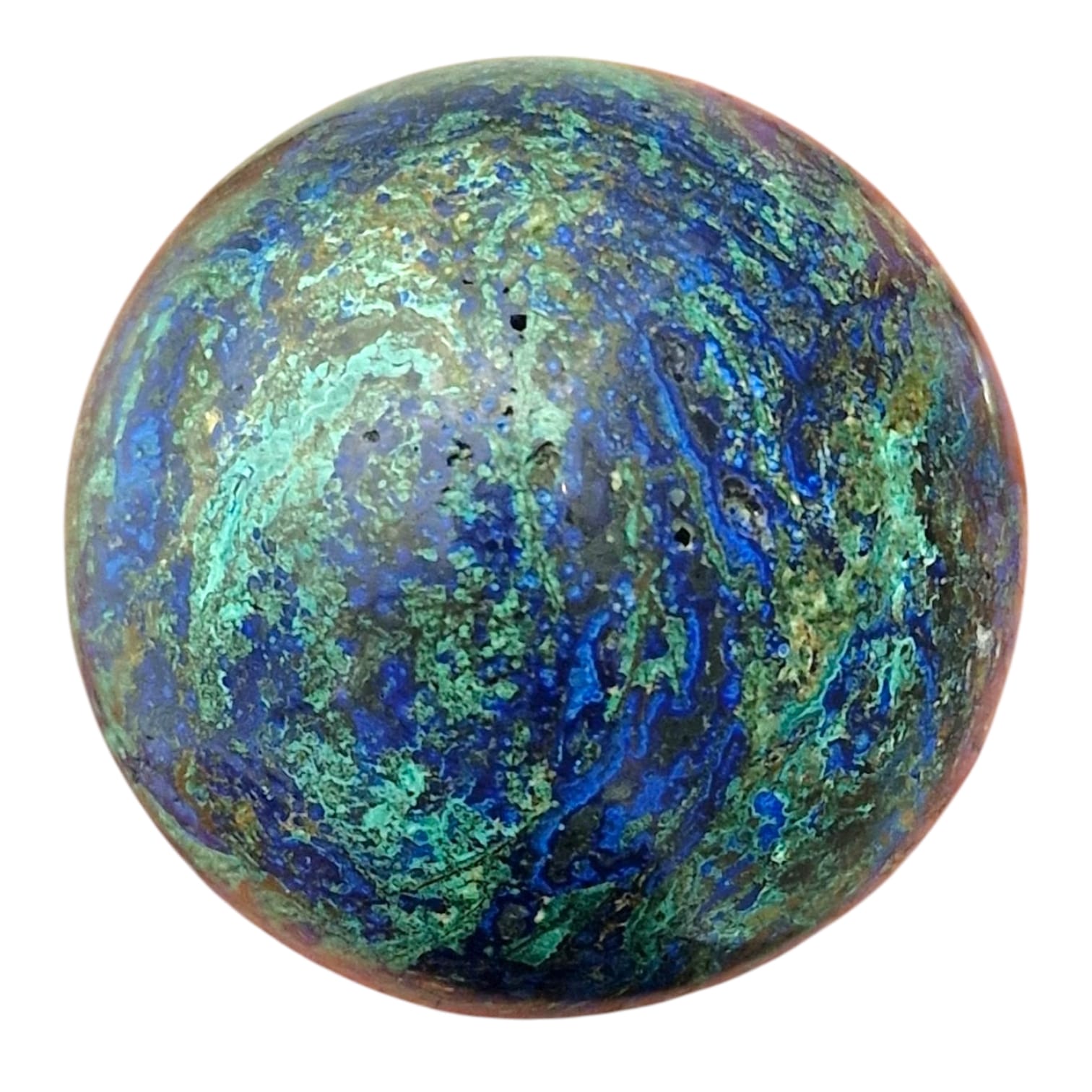 GeoFossils – Azurite & Malachite Sphere featuring vivid deep blue Azurite patterns blended with rich green Malachite swirls, polished into a smooth, rounded crystal sphere.