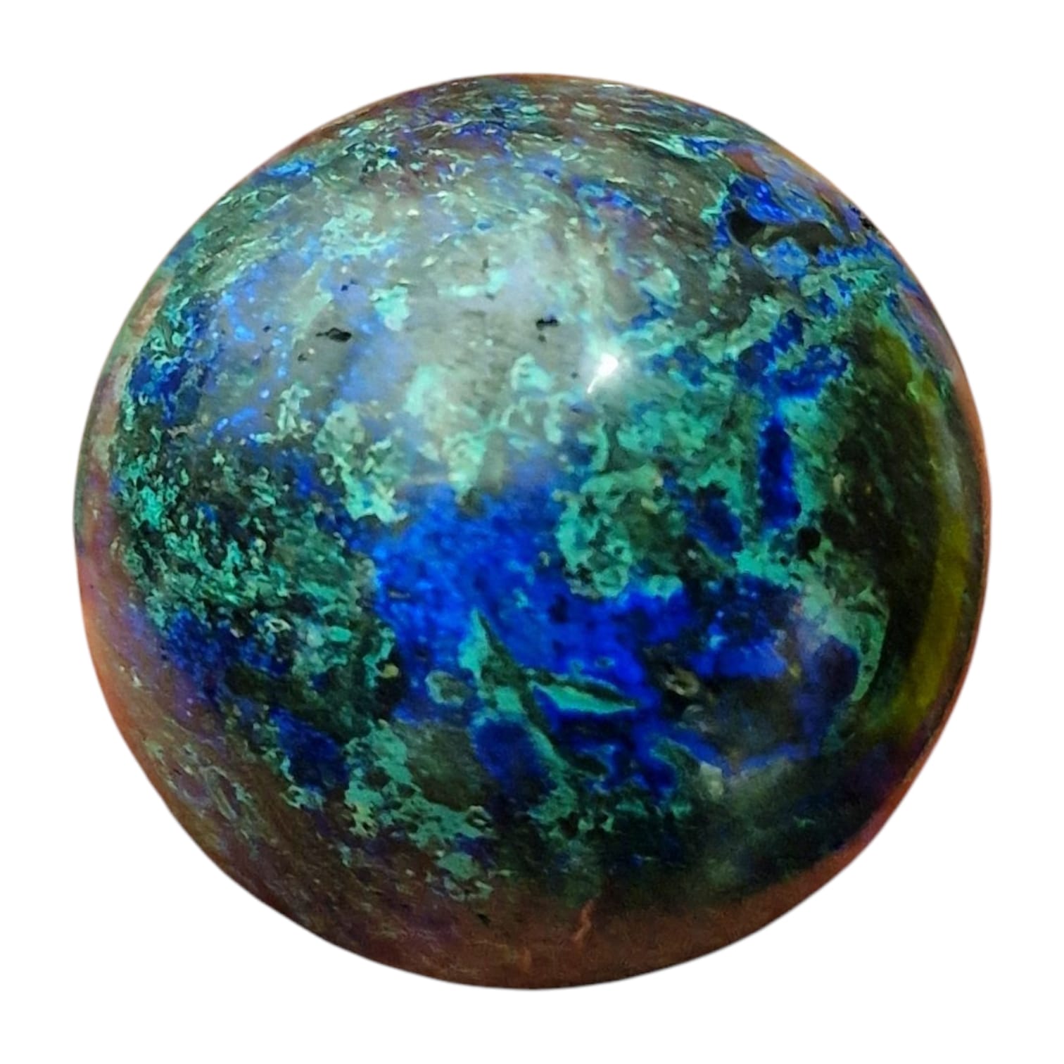 GeoFossils – Azurite & Malachite Sphere featuring vivid deep blue Azurite patterns blended with rich green Malachite swirls, polished into a smooth, rounded crystal sphere.