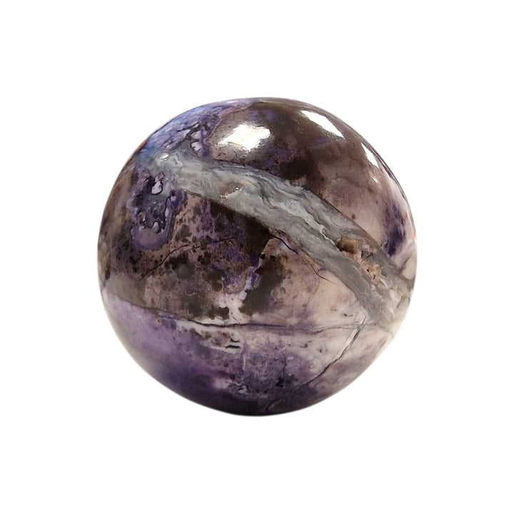 GeoFossils Tiffany Stone Sphere 28mm – Rare UV reactive fluorite sphere with dark patterning and intense violet hues