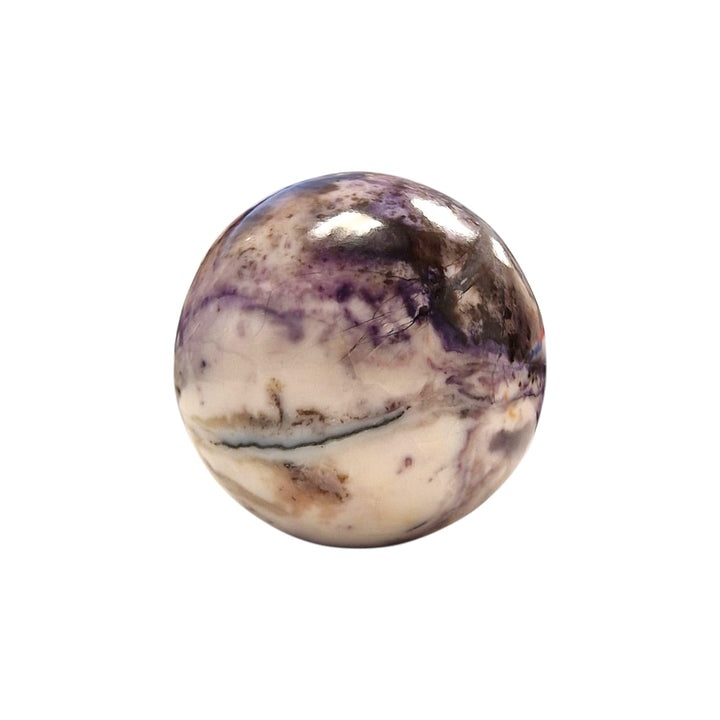 GeoFossils 28mm Tiffany Stone Sphere – Deep purple with black lines, fluorescing green under UV light