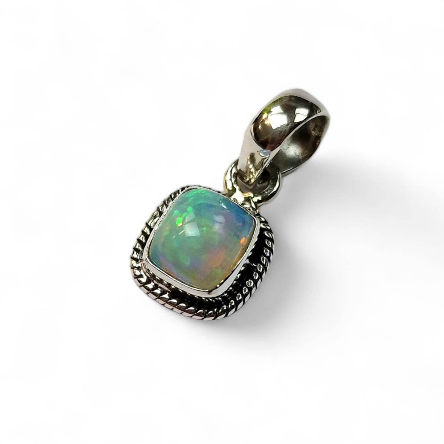 GeoFossils Sterling silver Antique Cushion Fire Opal Blue Pendant