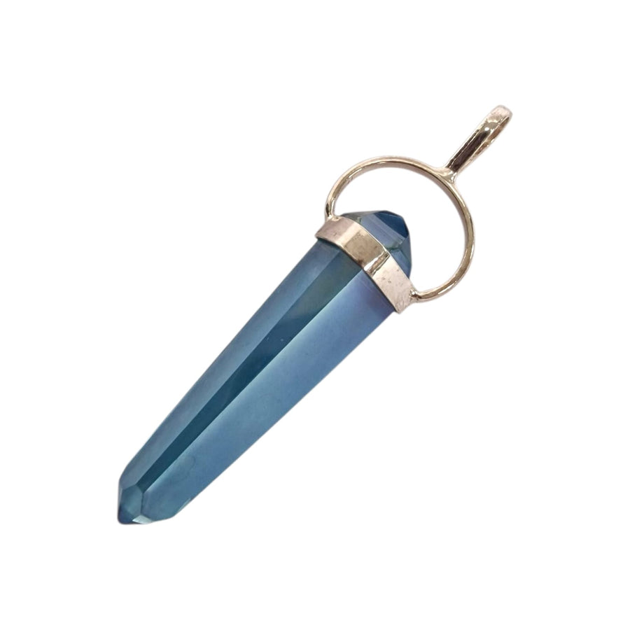 GeoFossils Aqua Aura Quartz Double Terminated Pendant in Sterling Silver showcasing a shimmering aqua-blue hue, polished and set in elegant sterling silver fittings.