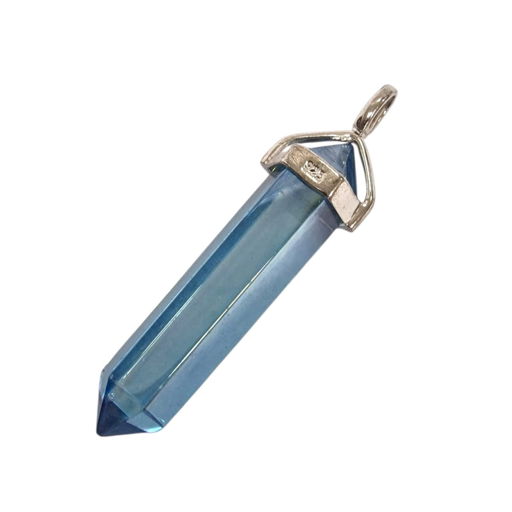 GeoFossils Aqua Aura Quartz Double Terminated Pendant in Sterling Silver showcasing a shimmering aqua-blue hue, polished and set in elegant sterling silver fittings.