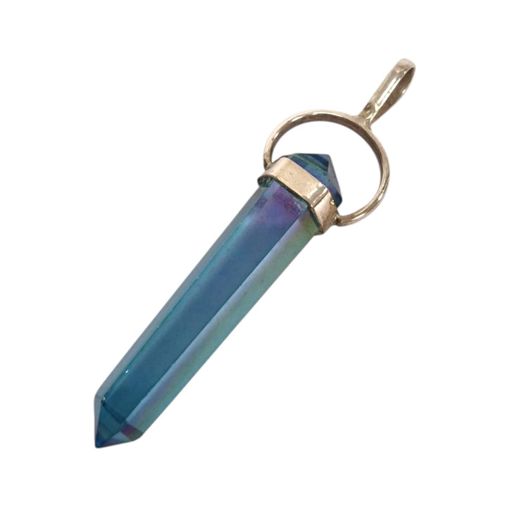 GeoFossils Aqua Aura Quartz Double Terminated Pendant in Sterling Silver showcasing a shimmering aqua-blue hue, polished and set in elegant sterling silver fittings.