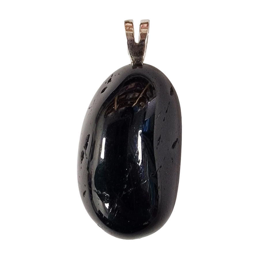 GeoFossils Black Tourmaline Sterling Silver Pendant – Brazilian protective black crystal in sterling silver setting – grounding, stability, and EMF shielding jewellery – handmade in the UK.