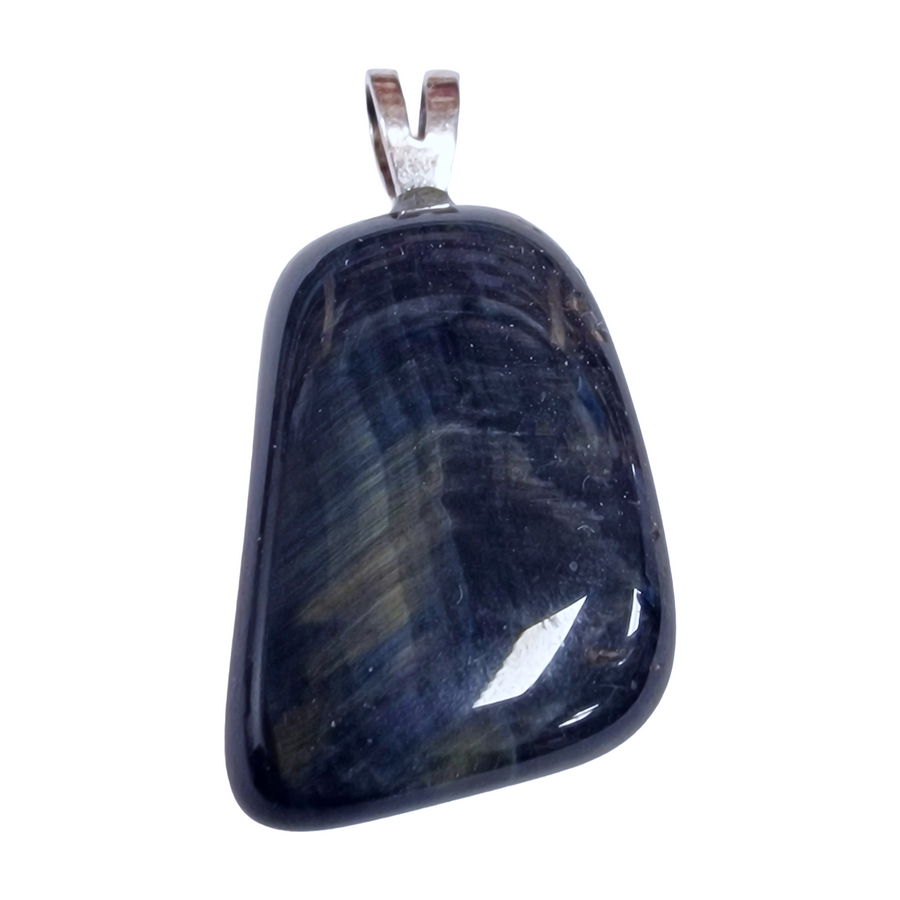 GeoFossils Blue Tiger’s Eye Sterling Silver Pendant – South African shimmering blue crystal in sterling silver – focus, insight, and balance jewellery – handmade in the UK.