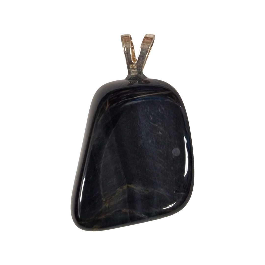 GeoFossils Blue Tiger’s Eye Sterling Silver Pendant – South African shimmering blue crystal in sterling silver – focus, insight, and balance jewellery – handmade in the UK.