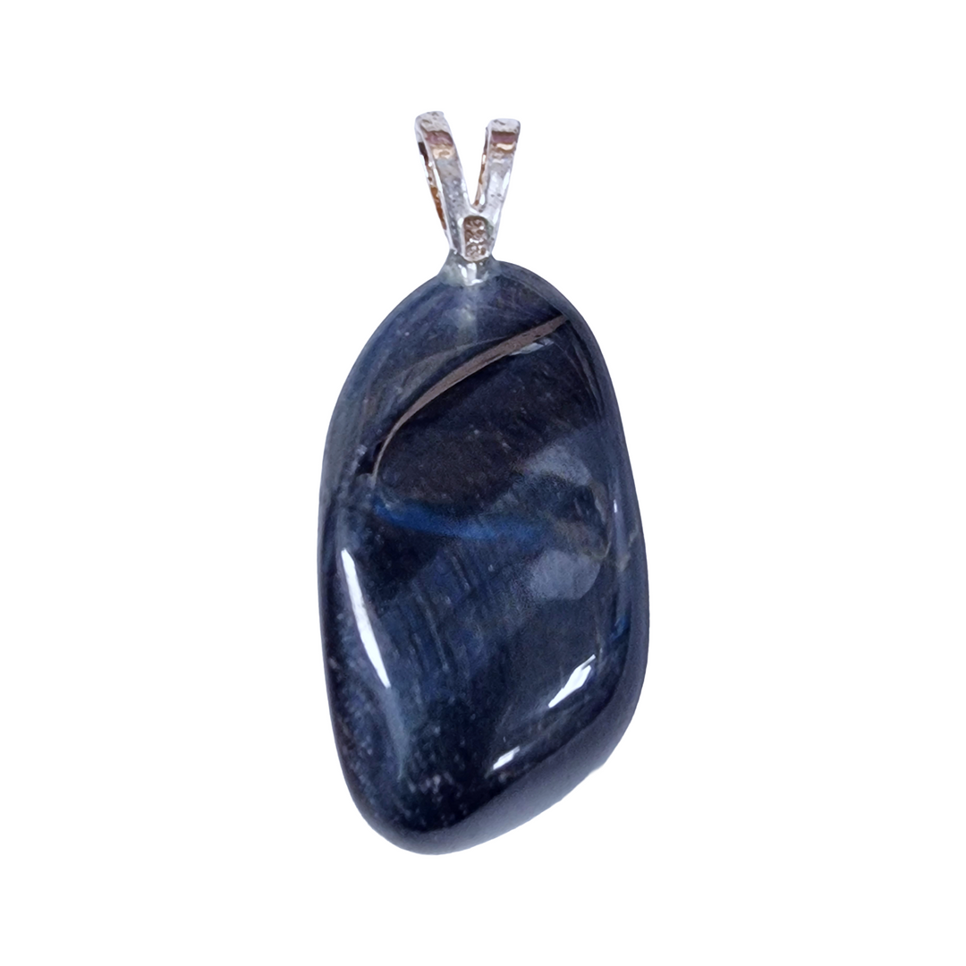 GeoFossils Blue Tiger’s Eye Sterling Silver Pendant – South African shimmering blue crystal in sterling silver – focus, insight, and balance jewellery – handmade in the UK.
