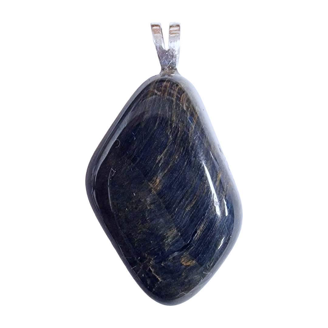 GeoFossils Blue Tiger’s Eye Sterling Silver Pendant – South African shimmering blue crystal in sterling silver – focus, insight, and balance jewellery – handmade in the UK.