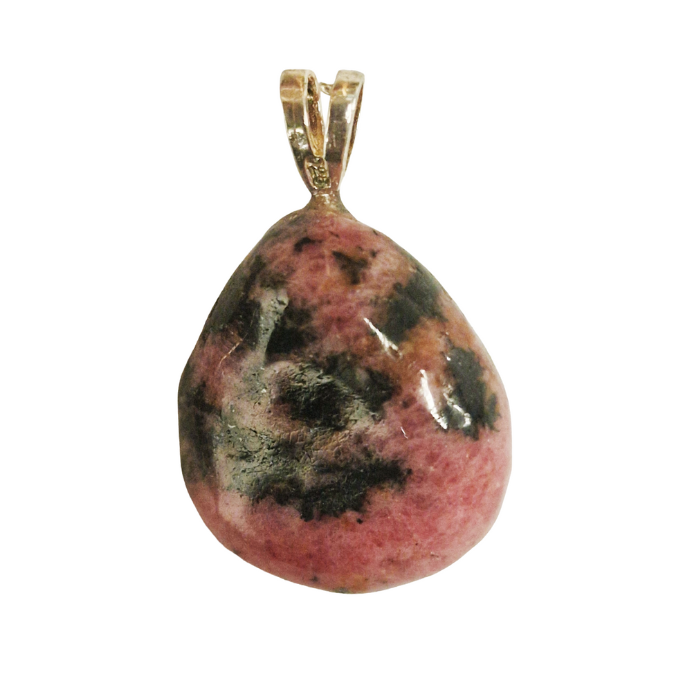 GeoFossils Rhodonite Sterling Silver Pendant – Madagascan pink and black gemstone in sterling silver setting – compassion, healing, and balance jewellery – handmade in the UK.