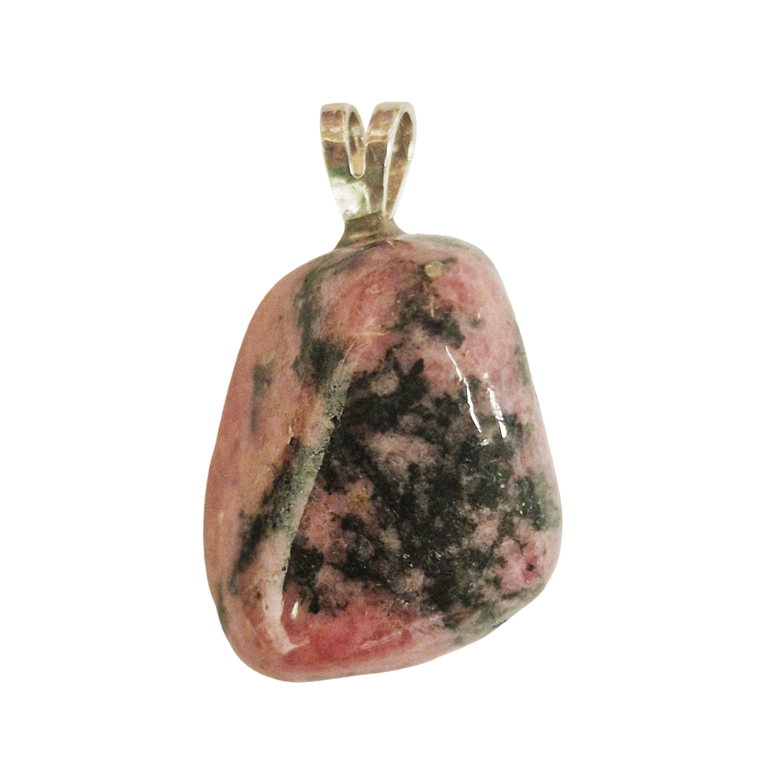 GeoFossils Rhodonite Sterling Silver Pendant – Madagascan pink and black gemstone in sterling silver setting – compassion, healing, and balance jewellery – handmade in the UK.