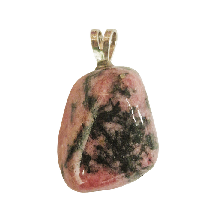 GeoFossils Rhodonite Sterling Silver Pendant – Madagascan pink and black gemstone in sterling silver setting – compassion, healing, and balance jewellery – handmade in the UK.