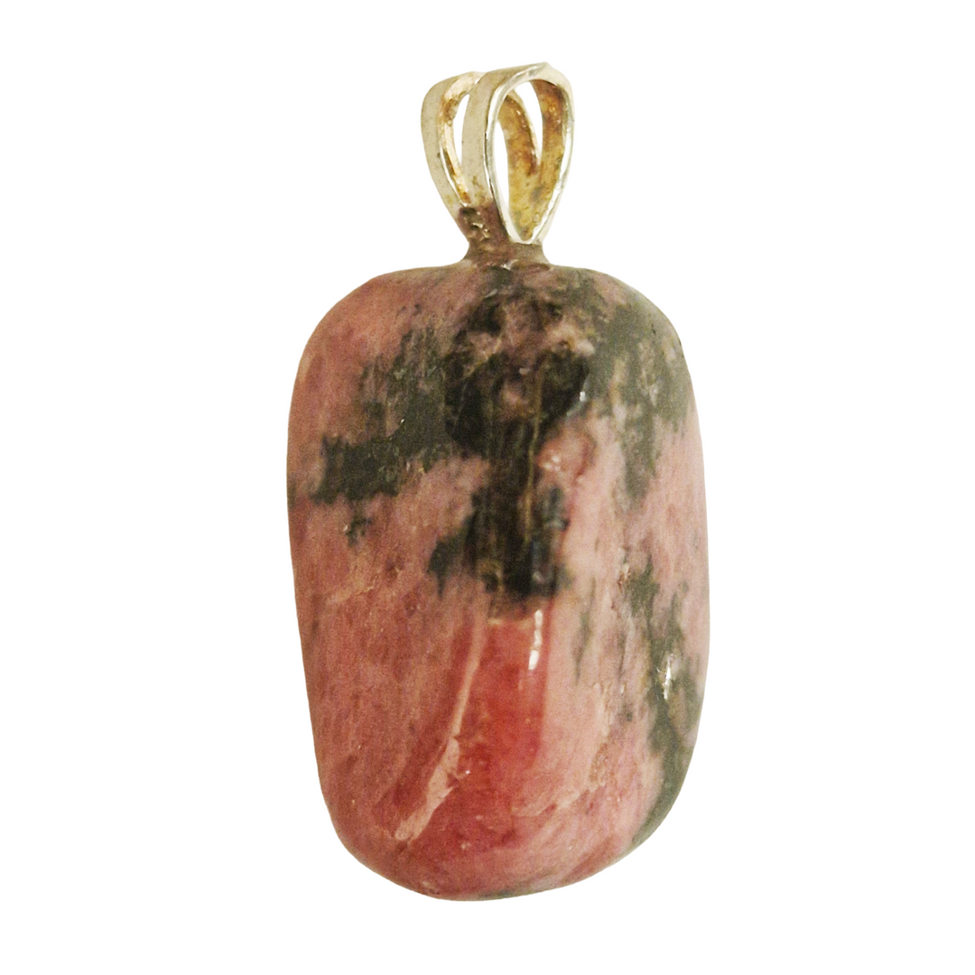 GeoFossils Rhodonite Sterling Silver Pendant – Madagascan pink and black gemstone in sterling silver setting – compassion, healing, and balance jewellery – handmade in the UK.
