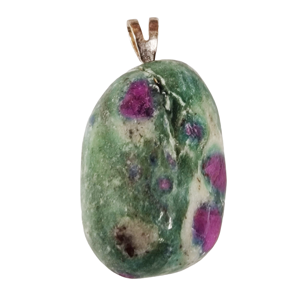 GeoFossils Ruby in Fuchsite Sterling Silver Pendant – Indian green and red gemstone in sterling silver setting – passion, healing, and emotional balance jewellery – handmade in the UK.