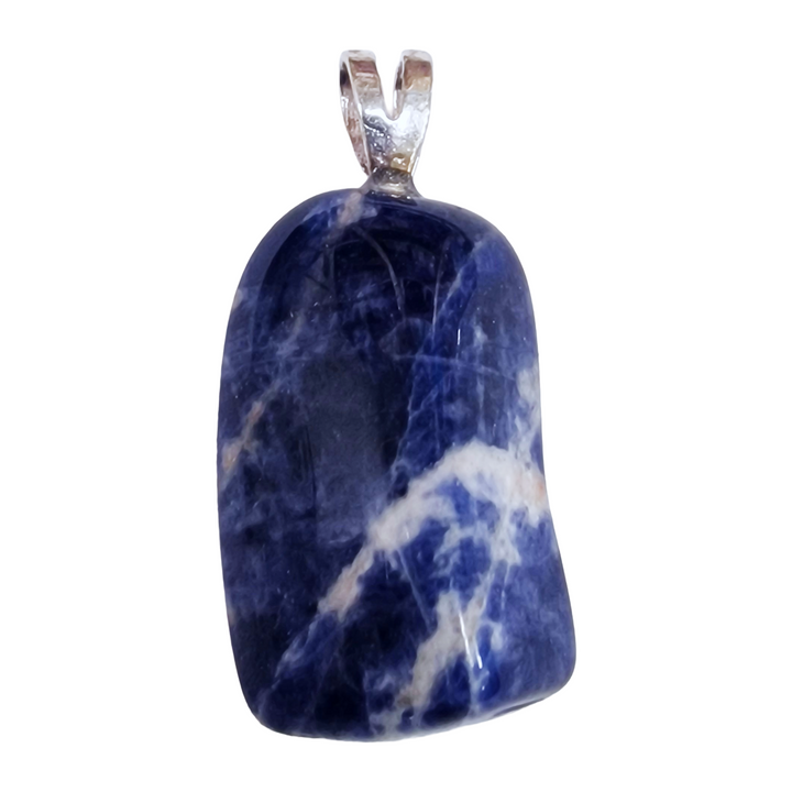 GeoFossils Sodalite Sterling Silver Pendant – Brazilian deep blue gemstone with white streaks in sterling silver setting – communication, clarity, and calm jewellery – handmade in the UK.