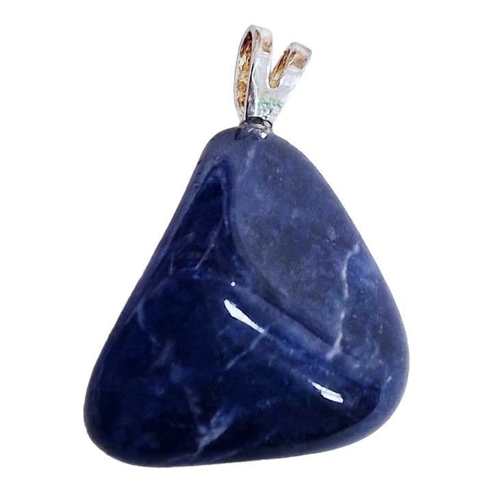 GeoFossils Sodalite Sterling Silver Pendant – Brazilian deep blue gemstone with white streaks in sterling silver setting – communication, clarity, and calm jewellery – handmade in the UK.