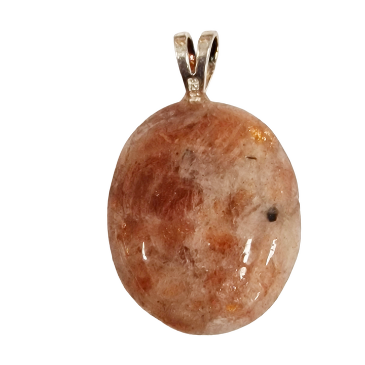 GeoFossils Sunstone Sterling Silver Pendant – Indian orange-gold crystal in sterling silver setting – positivity, empowerment, and vitality jewellery – handmade in the UK.