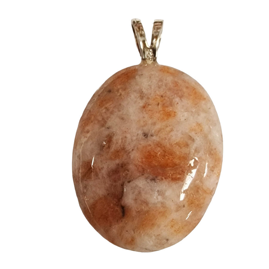 GeoFossils Sunstone Sterling Silver Pendant – Indian orange-gold crystal in sterling silver setting – positivity, empowerment, and vitality jewellery – handmade in the UK.